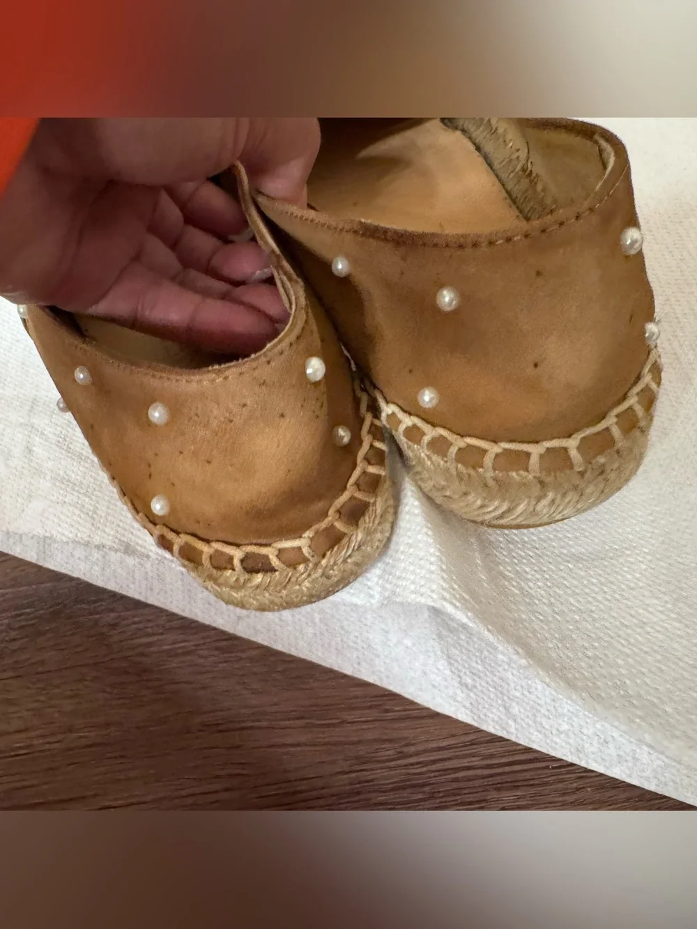 AUTHENTIC CHANEL Tan Suede Pearl-Embellished Flats